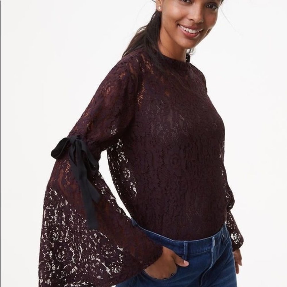 LOFT | Plum/Merlot Lace Bell Tie-Sleeve To…